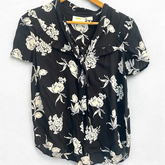 Maeve by Anthropologie • Black Floral Adagio Ruffle Button Top Tie Neck Sz Small - Picture 4 of 10